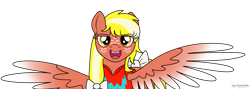 Size: 4744x1692 | Tagged: safe, artist:small-brooke1998, oc, oc only, pegasus, pony, anonymous, bow, clothes, colored wings, commission, eye clipping through hair, eyebrows, eyebrows visible through hair, hair bow, high res, looking at you, open mouth, open smile, pegasus oc, shirt, simple background, smiling, smiling at you, spread wings, tail, tail bow, transparent background, wings