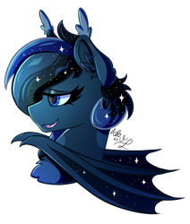 Size: 1100x1300 | Tagged: safe, artist:starcasteclipse, oc, oc only, oc:silent faith, bat pony, pony, fallout equestria, bat pony oc, bat wings, bust, fallout equestria oc, fangs, female, lidded eyes, mare, open mouth, open smile, partially open wings, portrait, signature, simple background, smiling, solo, transparent background, wings