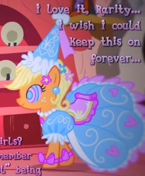 Size: 467x567 | Tagged: safe, artist:snakeythingy, edit, edited screencap, screencap, applejack, earth pony, pony, g4, look before you sleep, season 1, applejack also dresses in style, clothes, cropped, dialogue, dress, female, froufrou glittery lacy outfit, golden oaks library, hypno eyes, kaa eyes, mare, mind control, princess applejack, puffy sleeves, smiling, swirly eyes, text