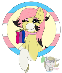Size: 937x1099 | Tagged: safe, artist:gray star, oc, oc only, oc:sunny side(gray star), earth pony, pony, bisexual pride flag, choker, clothes, female, headset, pride, pride flag, trans female, transgender, transgender oc, transgender pride flag, ych example, your character here