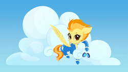 Size: 4800x2700 | Tagged: safe, artist:belka-sempai, spitfire, pegasus, pony, g4, clothes, cloud, cute, cutefire, eyebrows, female, goggles, high res, looking at you, lying down, lying on a cloud, mare, on a cloud, prone, sky, smiling, smiling at you, solo, spread wings, uniform, wings, wonderbolts uniform
