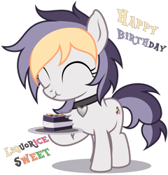 Size: 3320x3460 | Tagged: safe, artist:strategypony, oc, oc only, oc:liquorice sweet, earth pony, pony, birthday, cake, choker, cute, earth pony oc, eating, eyes closed, female, filly, foal, food, high res, hoof hold, multicolored mane, plate, simple background, tail, transparent background, two toned tail, younger