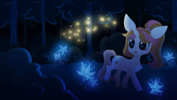 Size: 3200x1800 | Tagged: safe, artist:belka-sempai, oc, oc only, oc:belka, pony, unicorn, flower, forest, night, solo