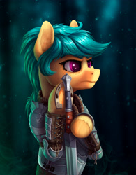 Size: 3184x4077 | Tagged: safe, artist:helmie-art, oc, oc only, oc:karoline skies, earth pony, pony, armor, body armor, freckles, horseshoes, not hitch trailblazer, solo, sword, unshorn fetlocks, weapon