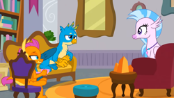 Size: 1397x786 | Tagged: safe, edit, edited screencap, screencap, gallus, silverstream, smolder, dragon, griffon, hippogriff, g4, the point of no return, chair, couch, cup, female, male, teacup, trio