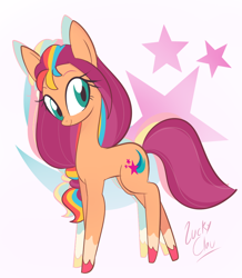 Size: 882x1013 | Tagged: safe, artist:luckyclau, sunny starscout, earth pony, pony, g5, my little pony: tell your tale, abstract background, coat markings, looking at you, mane stripe sunny, simple background, socks (coat markings)