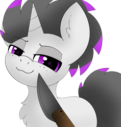 Size: 2842x3000 | Tagged: safe, artist:pegamutt, oc, oc only, oc:haze rad, pony, unicorn, :3, chest fluff, commission, commissioner:biohazard, eye clipping through hair, eyebrows, eyebrows visible through hair, high res, highlights, horn, knife, knife cat, lidded eyes, looking at you, male, meme, missing cutie mark, parody, purple eyes, simple background, smiling, smiling at you, smug, solo, stallion, tail, transparent background, two toned mane, two toned tail, unicorn oc, ych result