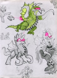 Size: 2228x3052 | Tagged: safe, artist:ja0822ck, kaiju, kaiju pony, monster pony, pony, gigan, godzilla, godzilla (series), high res, king ghidorah, ponified, traditional art