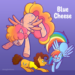 Size: 2048x2048 | Tagged: safe, artist:saggiemimms, cheese sandwich, rainbow dash, oc, oc:blue cheese, earth pony, pegasus, pony, g4, dreamworks face, eyebrows, eyebrows visible through hair, female, flying, gradient background, grin, hair over eyes, high res, looking at each other, looking at someone, male, mare, offspring, open mouth, open smile, parent:cheese sandwich, parent:rainbow dash, parents:cheesedash, pegasus oc, signature, smiling, smiling at each other, spread wings, stallion, trio, wings