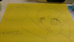 Size: 640x360 | Tagged: safe, artist:up_p_ab, apple bloom, earth pony, pony, g4, apple, female, filly, foal, food, irl, photo, sketch, traditional art