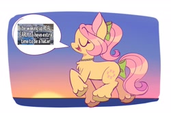 Size: 2048x1354 | Tagged: safe, artist:lemoocado, posey bloom, earth pony, pony, g5, bow, car, eyebrows, eyebrows visible through hair, eyes closed, female, hair bow, mare, mercedes-benz, open mouth, open smile, signature, smiling, solo, speech bubble, sunset, suv, tail, tail bow, trotting