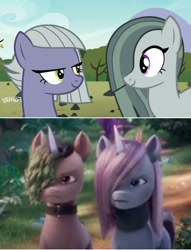 Size: 1440x1880 | Tagged: safe, edit, edited screencap, screencap, limestone pie, marble pie, smokey cobalt, earth pony, pony, unicorn, g4, g5, my little pony: a new generation, comparison, similarities, unnamed character, unnamed pony