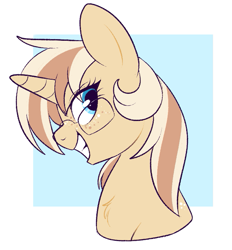 Size: 699x754 | Tagged: safe, artist:lulubell, oc, oc only, oc:lulubell, pony, unicorn, alternate hairstyle, big ears, bust, freckles, glasses, grin, horn, light blue background, looking back, mane swap, passepartout, simple background, smiling, solo, teal eyes, unicorn oc
