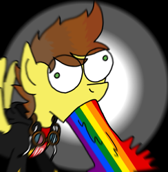 Size: 945x967 | Tagged: safe, artist:patodashoficial, edit, oc, oc only, oc:shooting thrillstar, pegasus, pony, clothes, derp, male, pegasus oc, pride month, puking rainbows, rainbow, vomiting