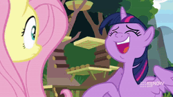 Size: 1280x720 | Tagged: safe, screencap, fluttershy, twilight sparkle, alicorn, pegasus, pony, g4, memnagerie, my little pony: friendship is forever, the beginning of the end, 9now, all new, animated, discovery family, discovery family logo, female, implied discord, kimcartoon, logo, mare, text, twilight sparkle (alicorn), webm