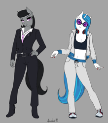 Size: 2540x2900 | Tagged: safe, artist:apocheck13, dj pon-3, octavia melody, vinyl scratch, earth pony, unicorn, anthro, plantigrade anthro, g4, boots, breasts, cleavage, clothes, duo, duo female, female, gray background, hand on hip, headphones, high heel boots, high heels, high res, mare, midriff, necktie, pants, shoes, simple background, sports bra, suit, sweatpants