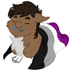 Size: 554x573 | Tagged: safe, artist:lonewriter, oc, oc only, oc:wildcard, fish, yakutian horse, fallout equestria, asexual, asexual pride flag, chest fluff, chibi, crossover, fallout equestria: all roads lead home, fluffy, happy, lying, metro 2033, ponyloaf, pride, pride flag, prone, roadside picnic, scar, simple background, solo, stalker, transparent background