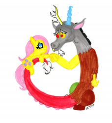 Size: 2154x2367 | Tagged: safe, artist:ilovekimpossiblealot, discord, fluttershy, draconequus, pegasus, pony, g4, 2013, duo, duo male and female, female, friendship, high res, looking at each other, looking at someone, male, mare, simple background, smiling, smiling at each other, white background