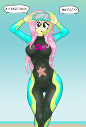 Size: 1280x1889 | Tagged: safe, artist:lennondash, fluttershy, human, starfish, equestria girls, g4, my little pony equestria girls: better together, beach, breasts, busty fluttershy, curvy, dive mask, female, fluttershy's wetsuit, goggles, hourglass figure, snorkel, solo, speech bubble, wet hair, wetsuit