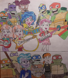 Size: 900x1023 | Tagged: safe, artist:jebens1, jing-a-ling, melody, melody's mother, sweetheart, ting-a-ling, human, equestria girls, g4, april o'neil, bass guitar, donatello, drums, female, guitar, hand on chest, keytar, leonardo, master splinter, michelangelo, microphone, musical instrument, raphael, rise of the teenage mutant ninja turtles, shocked, singing, smiling, teenage mutant ninja turtles, traditional art