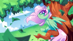 Size: 4096x2301 | Tagged: safe, artist:nekosnicker, oc, oc only, oc:spectral wind, pegasus, pony, cloud, female, field, high res, leaves, looking at you, looking back, looking back at you, pegasus oc, signature, sitting, sitting in a tree, smiling, smiling at you, town, tree, tree branch, wind