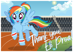Size: 1000x715 | Tagged: safe, artist:jennieoo, rainbow dash, pegasus, pony, g4, female, gift art, mare, open mouth, open smile, running, show accurate, signature, smiling, solo, spread wings, stadium, thank you, vector, wings