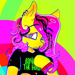 Size: 2048x2048 | Tagged: safe, artist:kittyboywife, fluttershy, pegasus, pony, g4, abstract background, alternate hairstyle, bring me the horizon, clothes, dyed mane, ear piercing, earring, emo, eyebrows, eyebrows visible through hair, heart, high res, jewelry, lip piercing, looking at you, piercing, scene kid, shirt, snake bites, t-shirt, wristband