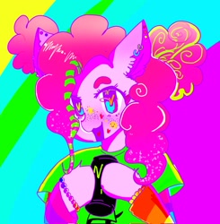 Size: 2011x2048 | Tagged: safe, artist:kittyboywife, pinkie pie, earth pony, pony, g4, abstract background, beads, clothes, dyed mane, ear piercing, earring, energy drink, facial piercing, glitter, hair accessory, heart eyes, high res, jewelry, long sleeves, monster energy, open mouth, piercing, scene kid, shirt, smiling, t-shirt, wingding eyes, wristband