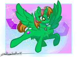 Size: 2846x2124 | Tagged: safe, artist:staceyld636, oc, oc only, unnamed oc, alicorn, pony, alicorn oc, chest fluff, commission, cute, ear fluff, female, flying, high res, horn, jewelry, mare, necklace, ocbetes, signature, smiling, solo, spread wings, wings, your character here
