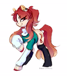 Size: 1956x2220 | Tagged: safe, artist:faultsunrise, oc, oc only, oc:phoenix falsetto, earth pony, pony, clothes, ear piercing, earring, female, jewelry, piercing, raised hoof, simple background, socks, solo, sweater, white background