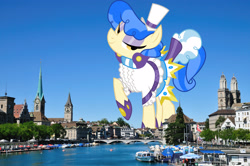 Size: 4095x2720 | Tagged: safe, artist:dashiesparkle, artist:thegiantponyfan, sapphire shores, earth pony, pony, g4, female, giant pony, giant/macro earth pony, giantess, high res, highrise ponies, irl, looking at you, macro, mare, mega giant, photo, ponies in real life, raised hoof, smiling, switzerland, zurich