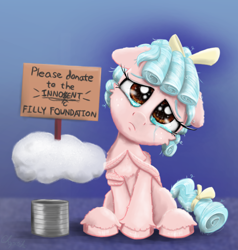 Size: 2000x2103 | Tagged: safe, artist:chopsticks, cozy glow, pegasus, pony, g4, blatant lies, bow, cheek fluff, chest fluff, cloud, cozybetes, crossed hooves, crying, cute, female, filly, foal, hair bow, head tilt, high res, looking at you, sign, sitting, solo, tin can, unshorn fetlocks, wing hands, wings