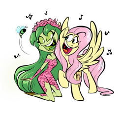 Size: 1152x1080 | Tagged: safe, artist:ggchristian, fluttershy, bee, dryad, insect, pony, g4, music notes, simple background, singing, transparent background
