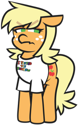 Size: 2754x4392 | Tagged: safe, artist:threetwotwo32232, applejack, earth pony, pony, g4, clothes, female, implied appledash, implied lesbian, implied rainbow dash, implied shipping, mare, not gay, shirt, simple background, solo, t-shirt, transparent background