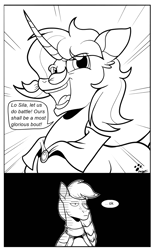 Size: 1202x1946 | Tagged: safe, artist:duragan, derpibooru exclusive, oc, oc:sila, oc:silver hilt, horse, pony, unicorn, them's fightin' herds, 2 panel comic, anime, comic, community related, fanart, lineart, ok, okay, one punch man, parody, tfh oc, this will end in death, this will end in pain