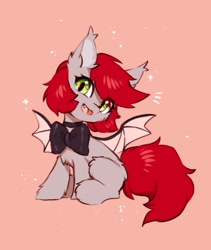 Size: 1000x1186 | Tagged: safe, artist:swaybat, oc, oc only, oc:swaybat, bat pony, pony, bat pony oc, bat wings, bowtie, chest fluff, cute, eye clipping through hair, fangs, female, fluffy, happy, looking at you, mare, ocbetes, open mouth, open smile, pink background, simple background, sitting, smiling, smiling at you, solo, sparkles, spread wings, wings