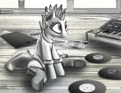 Size: 2607x2000 | Tagged: safe, artist:imadeoos, oc, oc only, earth pony, pony, boots, clothes, drawing tablet, ear piercing, earring, grayscale, high res, jewelry, monochrome, musical instrument, piano, piercing, record, shirt, shoes, sitting, solo