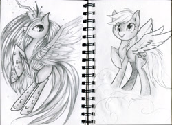 Size: 3300x2403 | Tagged: safe, artist:vardastouch, derpy hooves, queen chrysalis, changeling, changeling queen, pegasus, pony, g4, female, grayscale, high res, mare, monochrome, spread wings, traditional art, wings