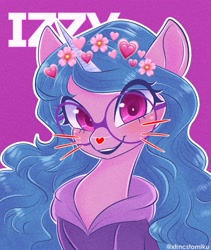 Size: 1825x2160 | Tagged: safe, artist:tomi_ouo, izzy moonbow, pony, unicorn, g5, clothes, cute, female, filter, floral head wreath, flower, glasses, heart, hoodie, izzybetes, round glasses, simple background, snapchat filter, solo, whiskers