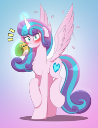 Size: 4500x5900 | Tagged: safe, artist:aarondrawsarts, princess flurry heart, whammy, alicorn, pony, snail, adult flurry heart, blushing, commission, commissioner:reversalmushroom, cute, embarrassed, female, floppy ears, flurrybetes, glowing, glowing horn, horn, looking at you, magic, older, older flurry heart, plushie, spread wings, wings