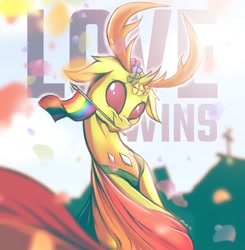 Size: 1959x2000 | Tagged: safe, artist:draft the filmmaker, thorax, changedling, changeling, g4, flower, king thorax, lgbt, looking at you, male, mouth hold, pride, pride flag, pride month, signature, smiling, smiling at you, solo, text