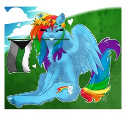 Size: 2048x1839 | Tagged: safe, artist:opalacorn, rainbow dash, pegasus, pony, g4, chest fluff, commission, demiromantic, demiromantic pride flag, eye clipping through hair, eyes closed, female, floating heart, floral head wreath, flower, headcanon, heart, lgbt, lgbt headcanon, looking at you, mare, pride, pride flag, sitting, smiling, smiling at you, spread wings, unshorn fetlocks, wing fluff, wings