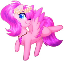 Size: 2149x2041 | Tagged: safe, artist:purplegrim40, oc, oc only, pegasus, pony, colored wings, female, floral head wreath, flower, grin, jewelry, mare, necklace, one eye closed, pegasus oc, raised hoof, simple background, smiling, solo, transparent background, two toned wings, wings, wink