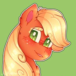 Size: 2048x2048 | Tagged: safe, artist:lulaemoon, earth pony, pony, blonde, bust, eye clipping through hair, female, green background, hatless, high res, mare, missing accessory, simple background, smiling, solo