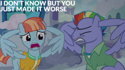 Size: 1280x720 | Tagged: safe, edit, edited screencap, editor:quoterific, screencap, bow hothoof, windy whistles, pegasus, pony, g4, parental glideance, season 7, duo, eyes closed, female, male, mare, open mouth, stallion, text, wing hands, wings