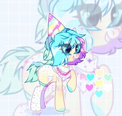 Size: 2573x2443 | Tagged: safe, artist:fenix-artist, oc, oc only, earth pony, pony, clothes, colored hooves, earth pony oc, eye clipping through hair, female, grin, hat, high res, mare, party hat, raised hoof, smiling, socks, zoom layer