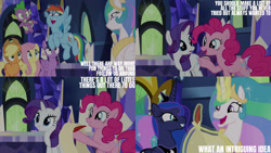 Size: 1280x720 | Tagged: safe, edit, edited screencap, editor:quoterific, screencap, applejack, fluttershy, pinkie pie, princess celestia, princess luna, rainbow dash, rarity, spike, twilight sparkle, alicorn, dragon, earth pony, pegasus, pony, unicorn, between dark and dawn, g4, season 9, applejack's hat, cowboy hat, cutie map, female, flying, glowing, glowing horn, grin, hat, horn, magic, magic aura, male, mane seven, mane six, mare, open mouth, open smile, quill, rainbow dash is best facemaker, scroll, smiling, spread wings, telekinesis, text, twilight sparkle (alicorn), twilight's castle, winged spike, wings