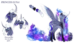 Size: 3472x2050 | Tagged: safe, artist:damayantiarts, princess luna, alicorn, pony, g4, bust, curved horn, ethereal mane, female, galaxy mane, high res, horn, mare, redesign, simple background, white background