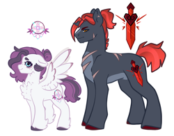 Size: 3529x2773 | Tagged: safe, artist:damayantiarts, oc, oc only, pegasus, pony, unicorn, broken horn, chest fluff, duo, female, frown, high res, horn, male, mare, pegasus oc, scar, simple background, smiling, stallion, sword, unicorn oc, weapon, white background