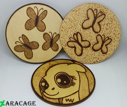 Size: 3545x2994 | Tagged: safe, artist:aracage, fluttershy, g4, bust, coaster, cutie mark, high res, irl, photo, portrait, pyrography, traditional art